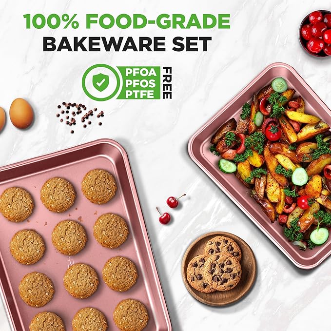 NutriChef 2-Piece Nonstick Cookie Sheets for Baking - Premium Medium & Large Size Baking Sheet Set - Thick Carbon Steel Bakeware Trays - Dishwasher Safe, Rose Gold