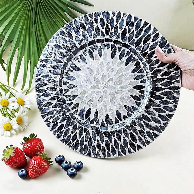 13 Inch Mother of Pearl Shell Placemat Plate – Large Round Decorative Heat for Table or Kitchen, Cabinet, Tabletop (Black and White Leaves, 13 Inch)