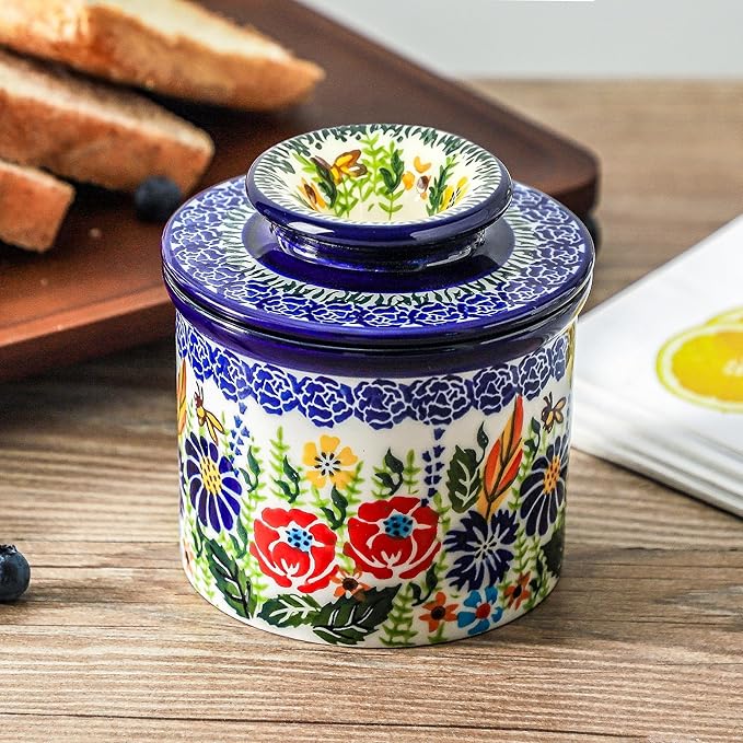 French Butter Crock with Lid for Countertop,Handpainted Floral Butter Keeper with Water Seal Line, Farmhouse Ceramic Butter Container Airtight for Soft Spreadable Butter,Housewarming Gifts