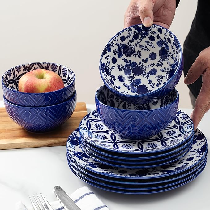 LEHAHA 12 Pieces Modern Porcelain Dinnerware Set，Service for 4, Ceramic Plates and Bowls Sets, Kitchen Dinner, Salad, Dessert Plate and Cereal Bowl Set, Ceramics Dishes Set, Blue and White