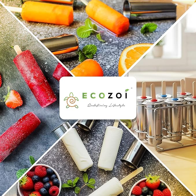 Ecozoi Stainless Steel Popsicle Molds, 6 Metal Ice Popsicle Makers, 30 Reusable Bamboo Sticks, 12 Silicone Seals and 1 Rack, Eco Popsicle Molds for Kids and Adults, 3 oz Per Mold (Round)