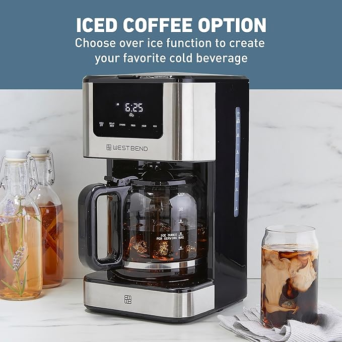 West Bend Drip Coffee Maker Brews Hot or Iced, Programmable with Brew Strength Selector Auto Shut-Off and 6 Functions Permanent Mesh Filter and Glass Carafe, 12-Cup, Metallic