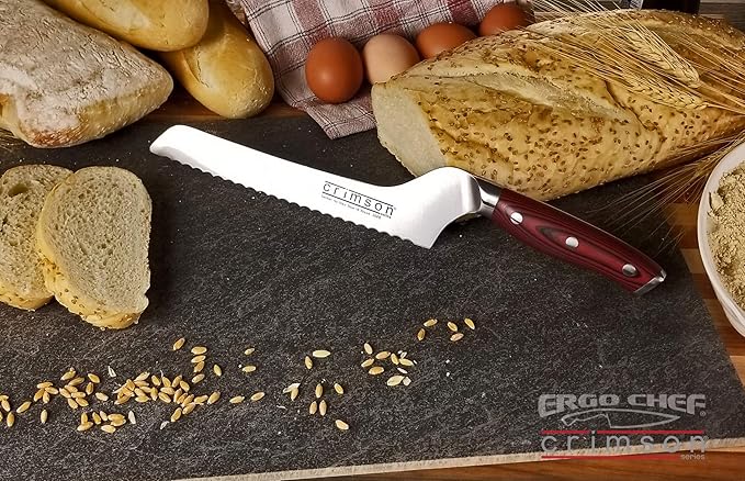 Ergo Chef Crimson Series 8-Inch Serrated Offset Bread & Deli Knife - High-Carbon German X50CrMoV15 Stainless Steel Blade - Durable G10 Fiberglass Handle