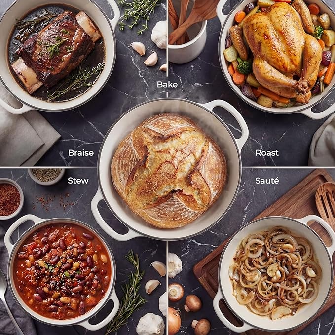 Zulay Kitchen 5 Quart Enameled Cast Iron Dutch Oven Pot with Lid – Premium Durability & Oven Safe up to 500°F – Heavy Duty Cookware Perfect for Bread Baking, Stews, Braising & Roasting – White