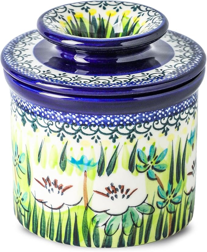 French Butter Crock with Lid for Countertop,Handpainted Floral Butter Keeper with Water Seal Line, Farmhouse Ceramic Butter Container Airtight for Soft Spreadable Butter,Housewarming Gifts