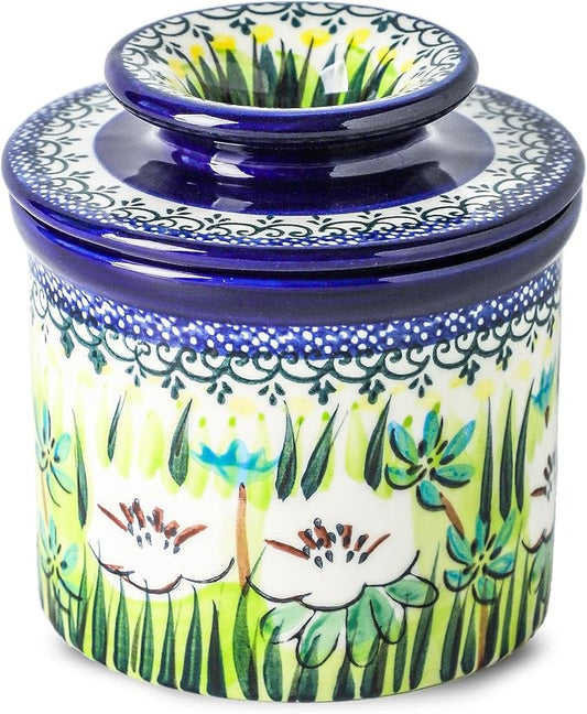 French Butter Crock with Lid for Countertop,Handpainted Floral Butter Keeper with Water Seal Line, Farmhouse Ceramic Butter Container Airtight for Soft Spreadable Butter,Housewarming Gifts