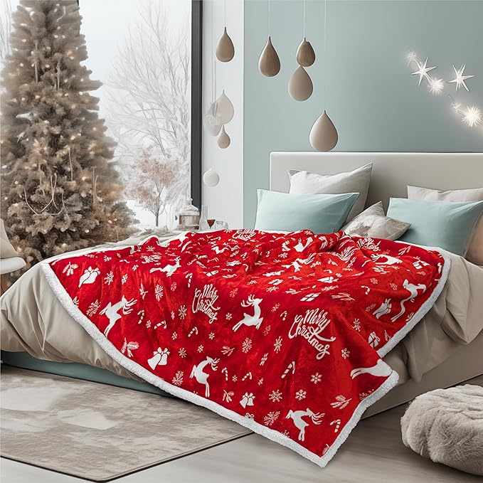 PAVILIA Premium Christmas Sherpa Throw Blanket | Christmas Decoration Gift, Fleece, Plush, Warm, Cozy Reversible Microfiber Holiday Blanket | Red Reindeer - 60x80 Twin