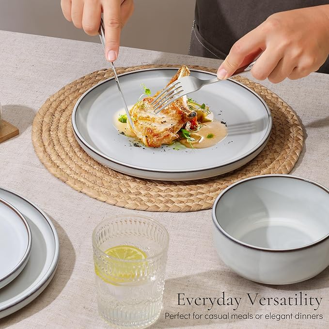 E-far Stoneware Dinnerware Sets for 6, 18 Pieces Reactive Glaze Plates and Bowls Sets, Elegant Dishes with Rustic Terracotta Clay Base, Dishwasher & Microwave Safe, Scratch Resistant, Glacier White