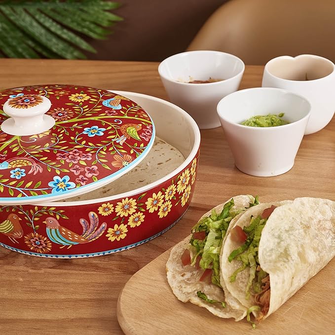 Bico Red Spring Bird Taco Tuesday Set, Tortilla Warmer and Taco Holder, Microwave and Dishwasher Safe