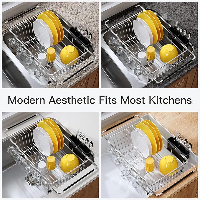 JASIWAY Dish Drying Rack in Sink, Expandable Stainless Steel Dish Drainers with Drainboard for Kitchen Counter, Space Saving Dish Dryer Rack, Over The Sink Dish Racks with Utensil Holder, Sliver