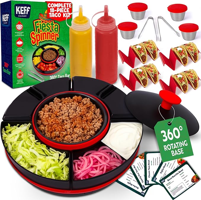 KEFF Taco Tuesday Kit - Taco Bar Serving Set for a Party, Lazy Susan Serving Dish 6 Sections, 4 Tacos Holder, Condiment Containers, Squeeze Bottles, Tongs, Recipes & Instructions - Tailgate Essentials