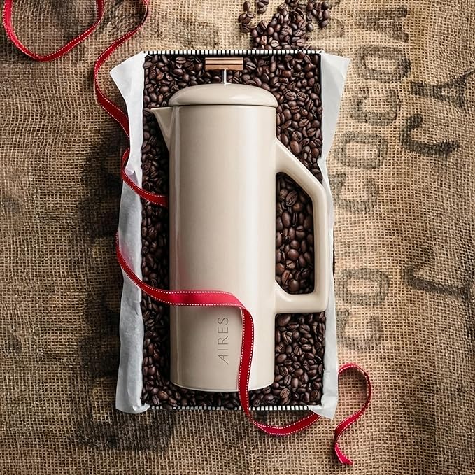 AIRES Ceramic French Press Coffee Maker – 34 oz Heat-Retaining Stoneware – Elegant Neutral Color – Inspired by Buenos Aires Coffee Culture – Gift-Ready with Barista Brewing Guide