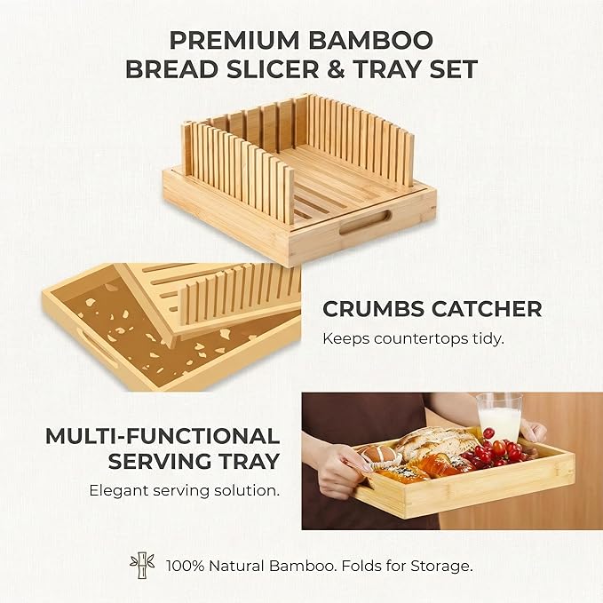 10.5" Extra Sourdough Bread Slicer Guide - Premium Bamboo Bread Cutter with Crumb Tray & Serving Board - Artisan Bread Slicing Guide for Homemade Boules, Sourdough Tools & Gifts