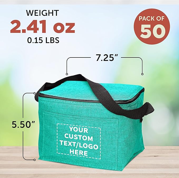 DISCOUNT PROMOS Custom Insulated Cooler Lunch Bag Set of 50, Personalized Bulk Pack - Perfect for Work, Travel, Outdoor Events - Mint