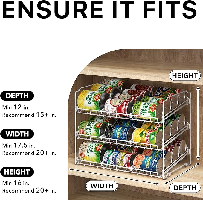 Simple Houseware Stackable Can Organizer Rack for Pantry/Cabinet - 11.5" D x 17" W x 13.75" H, Holds 36 Cans, 3-Tier Can Food Storage Dispenser, White