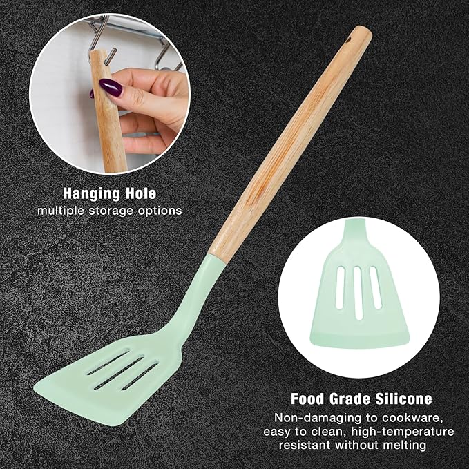 19 PCS Kitchen Cooking Utensils Set, 11 Pieces Silicone Cooking Utensils Set 6 Pieces Sharp Stainless Steel Green Knife Set with 1 Piece Cutting Board, Ideal for Apartment