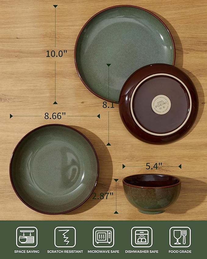 Pokini 24 Piece Double Bowl Dinnerware Sets with Pasta Bowls, Highly Chip and Crack Resistant Plates and Bowls Sets, Natural Earthyware Ceramic Dishware Sets, Service for 6 Sage Green