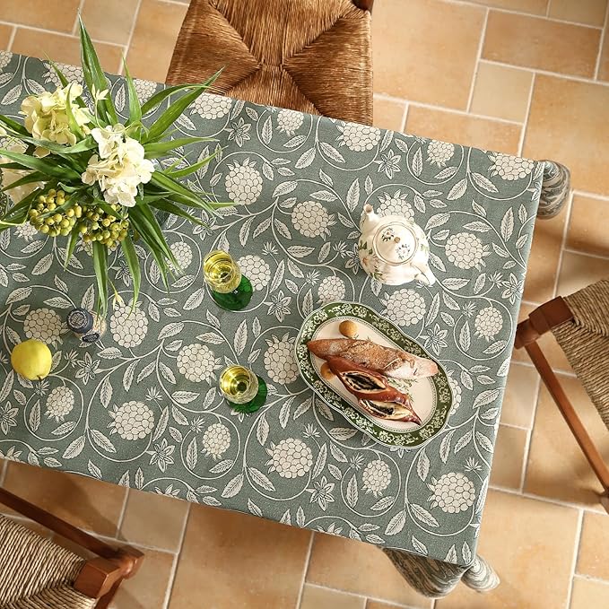ISAENNE Designer Grayish Green Linen Square Tablecloth,Floral Elegant Stain Resistant Table Cloth,Fall Vintage Decor Tablecloths for Dining Thanksgiving Kitchen Tea Party,67"*67"-Andrew A