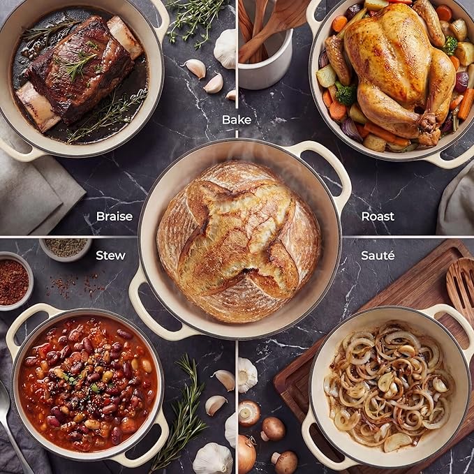 Zulay Kitchen 5 Quart Enameled Cast Iron Dutch Oven Pot with Lid – Premium Durability & Oven Safe up to 500°F – Heavy Duty Cookware Perfect for Bread Baking, Stews, Braising & Roasting – Ivory