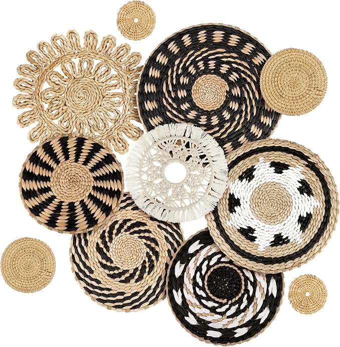 Tatuo 11 Pcs Boho Wall Basket Decor Bulrush Woven Wall Hanging Art Round Farmhouse Rustic Handmade Wicker for Summer Home, Bedroom, Living Room, Kitchen Decorations, Multi Sizes(Boho)