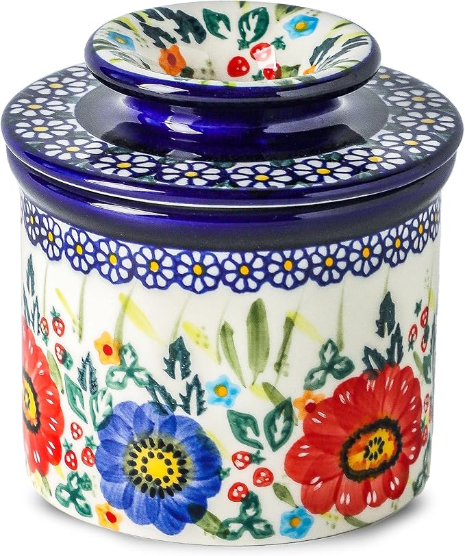 French Butter Crock with Lid for Countertop,Handpainted Floral Butter Keeper with Water Seal Line, Farmhouse Ceramic Butter Container Airtight for Soft Spreadable Butter,Housewarming Gifts