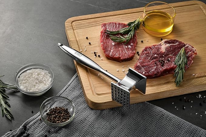 Heavy Duty Meat Tenderizer Tool, Stainless Steel Mallet & Kitchen Hammer Pounder, Mirror Polished Double Sided Tenderizing Mallet for Chicken, Steak & Beef - Dishwasher Safe