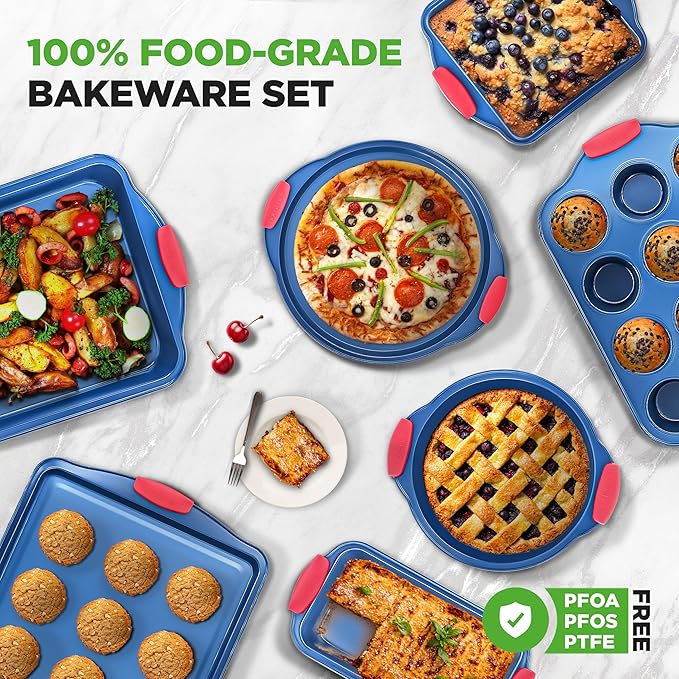 NutriChef 10-Piece Nonstick Bakeware Set - Premium Carbon Steel Baking Pans w/Silicone Handles - Includes Pizza Tray with Holes, 12 & 24 Cup Muffin Pans, Cookie Sheets, Round, Square & Loaf Pan - Blue