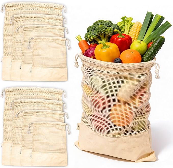 LEAFICO Reusable Produce Bags – 100% Cotton Mesh & Solid Hybrid (Mixed Sizes 8 Pcs – S/M/L/XL) – Multi-Use Grocery & Storage Bags for Fruit, Vegetables, Toys, Clothes, Travel – Washable, Zero Waste