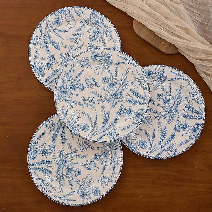 Bico Blue Garden Toile De Jouy Dinner Plates Set of 4, 11 Inch Large Ceramic Plates for Pasta, Steak, Stylish Serving Dishes, Microwave and Dishwasher Safe, Gift for Housewarming and Thanksgiving