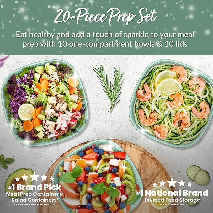 Bentgo Prep - 1-Compartment Bowls with Custom Fit Lids - Reusable, Microwaveable, Durable, PFAS & BPA-Free, Freezer and Dishwasher Safe Meal Prep Food Storage - 10 Bowls & 10 Lids (Sage Leaf Glitter)