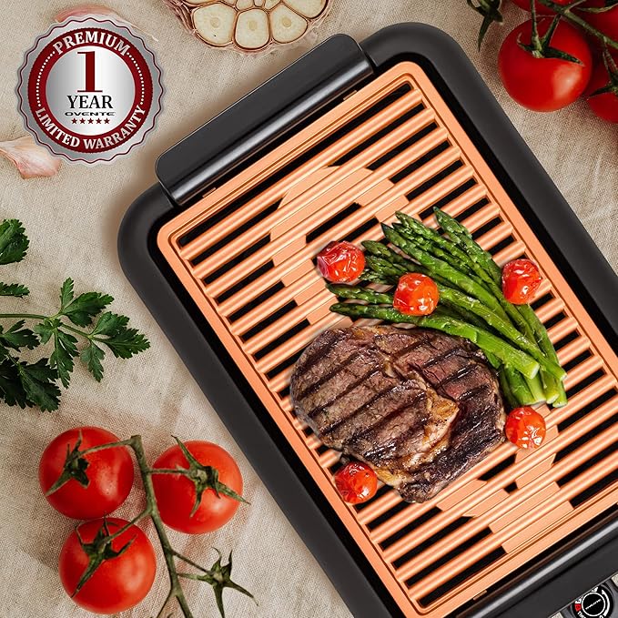 OVENTE Electric Indoor Grill with 15x10 Inch Non-Stick Cooking Surface, 1200W Fast Heat Up Power, Adjustable Temperature, Removable and Dishwasher Safe Grilling Plate and Drip Tray, Copper GD1510NLCO