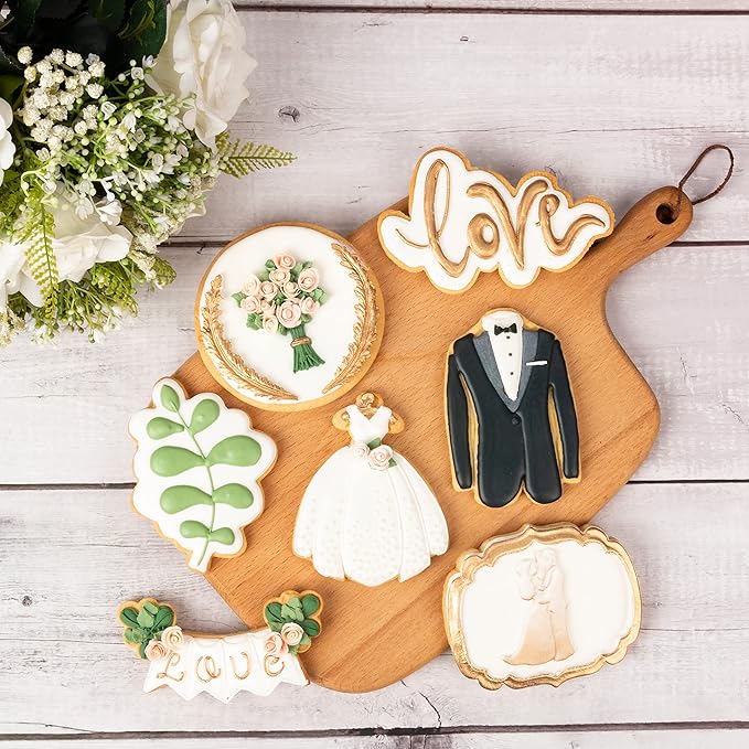 Flycalf Wedding Cookie Cutters Set of 7 with Plunger Stamps Holiday Gifts Baking Cake PLA Kitchen Diamond Love Ring Shapes for Kids 3.5" Mold Supplies Biscuit Tools
