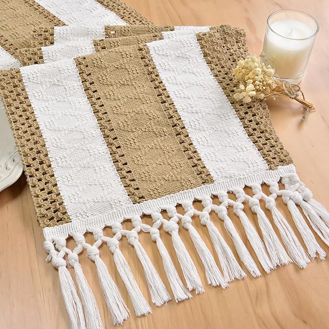 FEXIA Boho Table Runner with Tassels for Home Decor Farmhouse Rustic Table Runner Macrame Burlap Woven Dinning Decoration for Living Room Bridal Shower Independence Day Decorations(12x72 Inches)