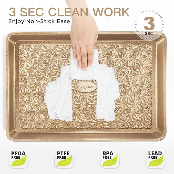 HONGBAKE Nonstick Baking Sheet Pan Set of 3, Cookie Sheets for Oven, Non-Toxic Half/Quarter/Jelly Roll Pans with Floral Swirl Texture, Heavy Duty 0.8mm Thick Oven Trays for Cooking, Antique Gold