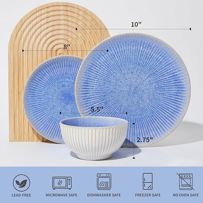 Pokini Ceramic Dinnerware Sets, Handmade Reactive Glaze Plates and Bowls Sets, Highly Chip and Crack Resistant Dish Set, Distinctive Granulated Surface Dishwasher & Microwave Safe Service for 4