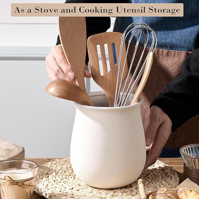 Utensil Holder for Kitchen Counter, Modern Nordic Boho Style Cooking Utensil Holder and Crock Home Kitchen Decor, Ceramic Utensil Organizer for Spatula, Ladle, Eggbeater, Rolling Pin- White