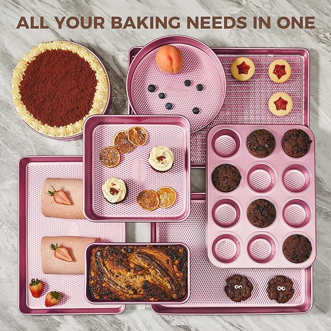 HONGBAKE 9-Piece Baking Pans Set Nonstick, Stackable Non Toxic Bakeware Sets with Diamond Texture, Oven Pan Set for Cooking, Includes Cookie Sheet with Rack, Cake Pan, Roasting Pan, Muffin Tin, Pink
