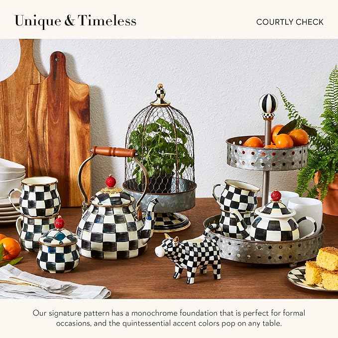 MACKENZIE-CHILDS Enamel Creamer and Sugar-Bowl Set, Cream Dispenser and Sugar Holder, Unique Kitchen Decor, Black-and-White Courtly Check
