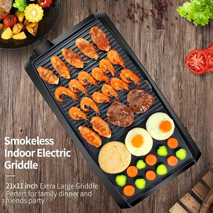 Health and Home 2-in-1 Nonstick Indoor Smokeless Electric Griddle ,21 Inch Extra Large Surface With Slide-Out Drip Tray Oil Collection ,Adjustable 5-Level Thermostat,Family Size Electric Griddle