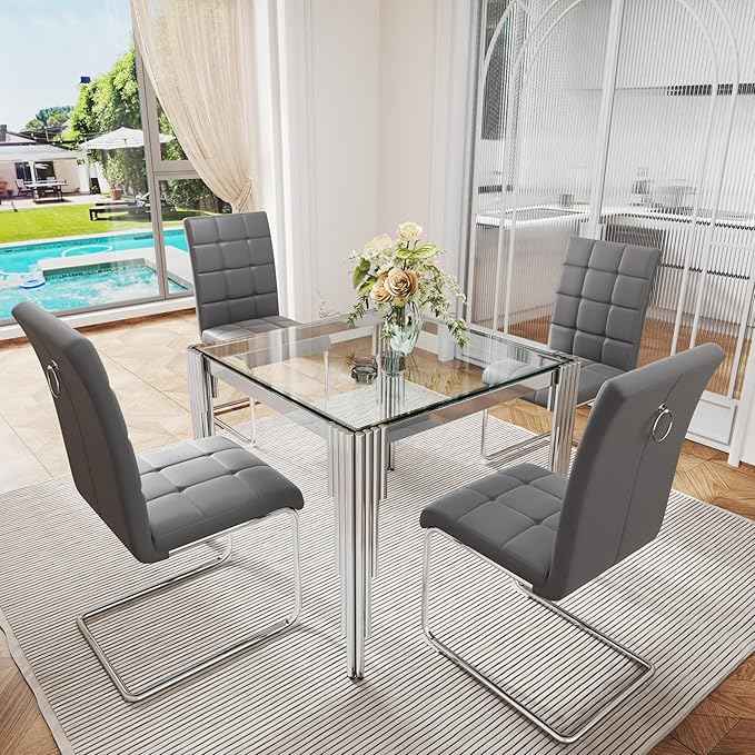 AF ARTISAN FURNITURE 37'' Square Glass Dining Table Set for 4, Kitchen Table Chairs Set of 4, Clear Silver Glass Dining Tables with Stainless Steel Legs, 4 Grey PU Dining Chairs, Living Room, Kitchen