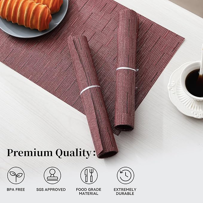 Leetaltree Burgundy Placemats Set of 6 - Heat Resistant Non-Slip Place mats for Dining Table, Washable Durable PVC Vinyl Woven Table Mats（Burgundy, 6）
