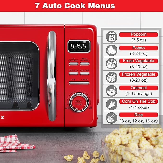 Galanz GLCMKZ09RDR09 Retro Countertop Microwave Oven with Auto Cook & Reheat, Defrost, Quick Start Functions, Easy Clean with Glass Turntable, Pull Handle, 0.9 cu ft, Red