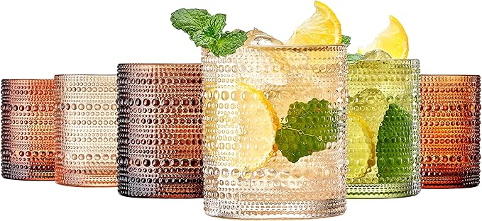 Hobnail Beaded Highball Drinking Tumbler Glasses | Set of 6 | Venus Sand Colors, Vintage Bubble Design Glassware, Old-Fashioned, Embossed Design for Water, Wine, Cocktail Embossed Heavy, Rocks Glass