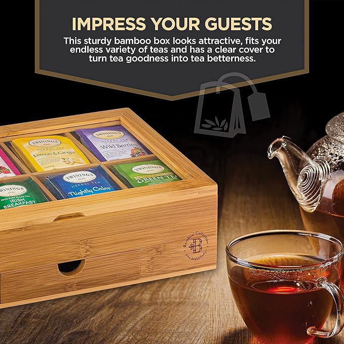 Personalized Tea Box with Custom Engraving - Bamboo Tea Bag Organizer with 8 Compartments, Acrylic Lid - Unique Mother’s Day Gifts for Mom, Grandma, Wife - Gift Idea for Tea Lovers (Tea Not Included)