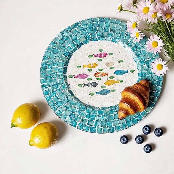 13 Inch Mother of Pearl Shell Placemat Plate – Large Round Decorative Heat for Table or Kitchen,Cabinet, Tabletop (Blue Colored Fish, 13 Inch)