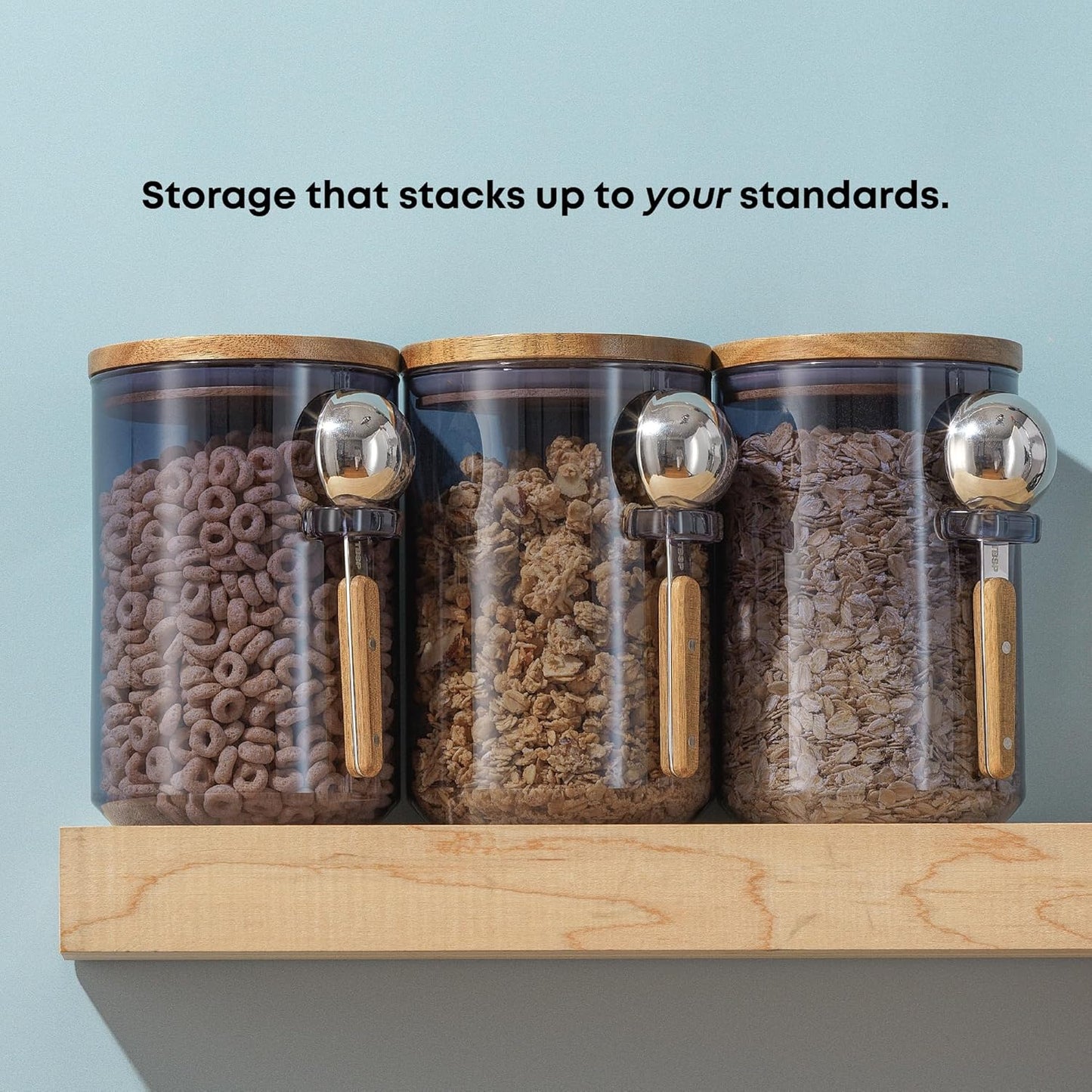JoyJolt Holden 32oz Stackable Glass Storage Containers with Lids and Scoops, Airtight Food Canister Set of 3 w/Acacia Wood Lids, Round Stacking Pantry and Kitchen Containers w/Scoop | Smoke Blue