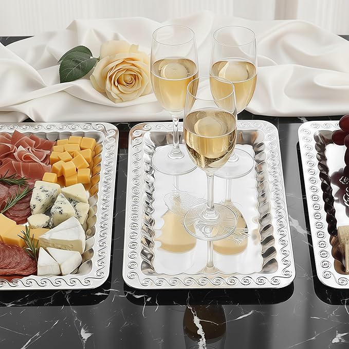 6-Pack Silver Serving Trays Set (14" x 9") – Swirl Floral Engraved Serving Platters for Parties, Weddings, Birthdays, Festive Occasions – Mirror Trays for Charcuterie, Cookies, Desserts, Snacks, Fruit