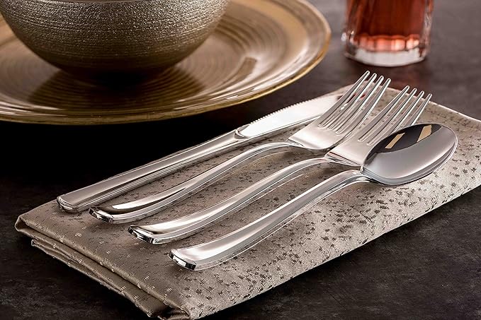 400 Plastic Silverware Set - Silver Cutlery Set - Disposable Flatware Set - 200 Forks - 100 Spoons - 100 Knives - Heavy Duty - Party Bulk