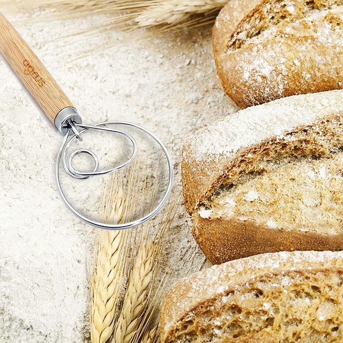 Danish Dough Whisk - Bread Making Tools - Danish Dough Hook - Bread Dough Mixer Hand - Bread Dough Whisk for Pastry - Large Stainless Steel Swedish Whisk with Wooden Handle