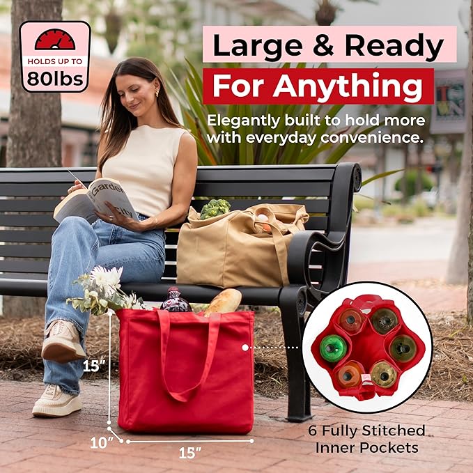 VeraMia Canvas Grocery Bag 3pc XL Set with Real Pockets, Long Shoulder Strap and Short Handle. Heavy Duty, Foldable, Washable